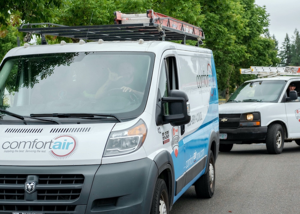 Comfort Air techs driving to a worksite